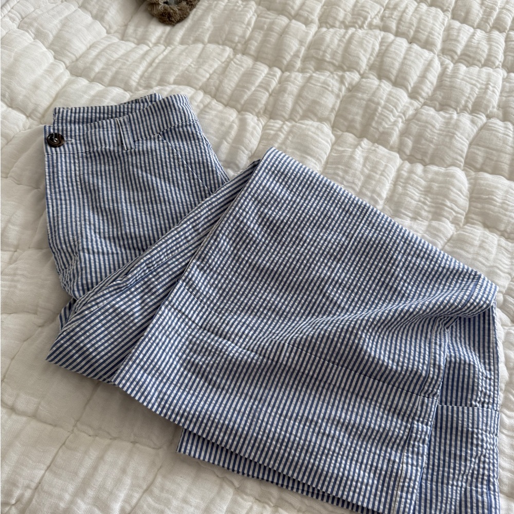 Ganni seersucker blue and white wide leg pants
